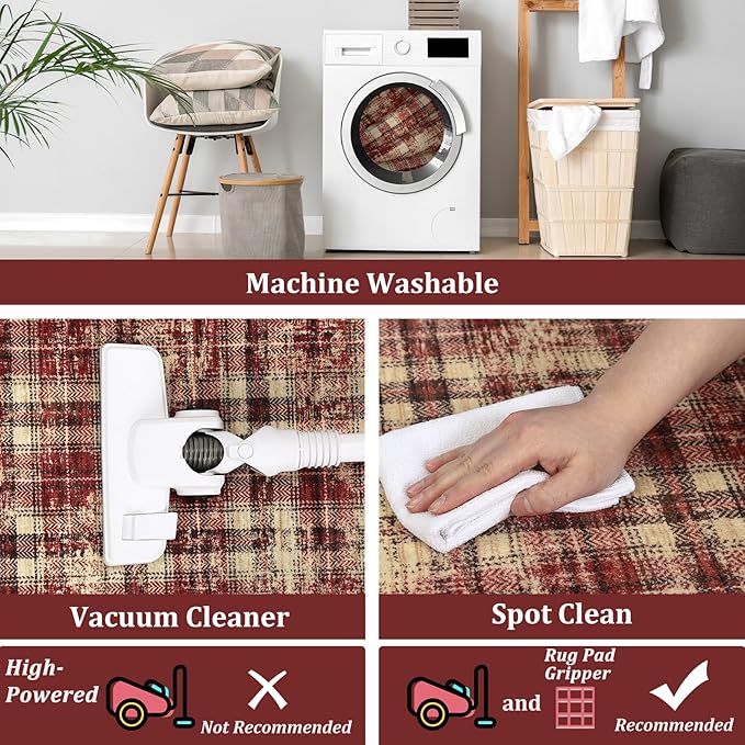 Washable Rugs 4x6 Rug for Living Room Modern Plaid Area Rug for Bedroom Tartan Farmhouse Red Non Slip Entryway Rug Soft Stain Resistant Carpet for Nursery Entrance Dining Room 4'x6' Red