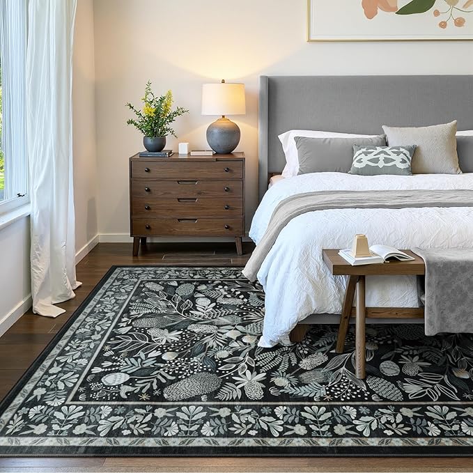Anidaroel Washable Rugs for Living Room 5x7, Black Botanical Print Large Area Rug, Modern Soft Rugs for Bedroom Aesthetic, Non Slip Stain Resistant Dining Room Mat Indoor Carpet for Nursery Dorm