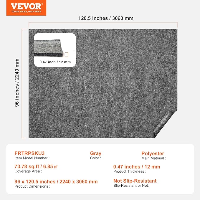 VEVOR 8' x 10' Rug Pad Gripper Without Slip-Resistance - 1/2" Thick Polyester Felt Padding Cushion for Area Carpet Runner Hardwood Floors Living Room - Grey