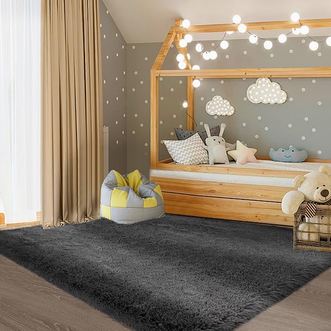 Area Rugs Grey for Bedroom: Shag Rugs for Bedroom- Grey Plush Fluffy Rugs Carpets for Living Room- Soft Fuzzy Rugs for Kids Room (Gray, 3x5 Feet)