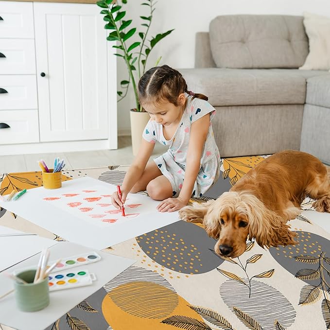 SPUNKER Bohemain Leaves Area Rug 5x7 Rugs for Living Room Stripes and Dots Living Room Washable Rugs Vintage Rug for Bedroom Dinning Room