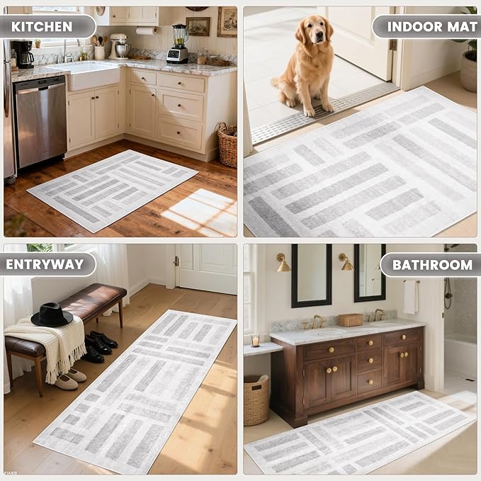 Washable Area Rugs,8x10ft Soft Rug for Living Room and Bedroom Vintage Striped Rug Stain Resistant with Non Slip Backing Geometric Checkered Foldable Print Mat for Home Decor
