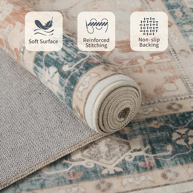 4ft Circle Rug, Soft Round Boho Rug, Washable Non Slip Area Rug for Living Room, Bedroom, Dining Room, Entryway, Round Rugs for Home, Patio, Office, Kids Room, Coral(Blue&Orange)