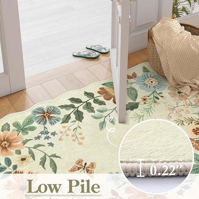 Lahome Floral Washable Round Rugs, Non-Slip Soft Round Rug 4ft Ultra-Thin, Small Boho Circle Carpet for Entryway Kitchen Bedroom Nursery Bathroom, Beige