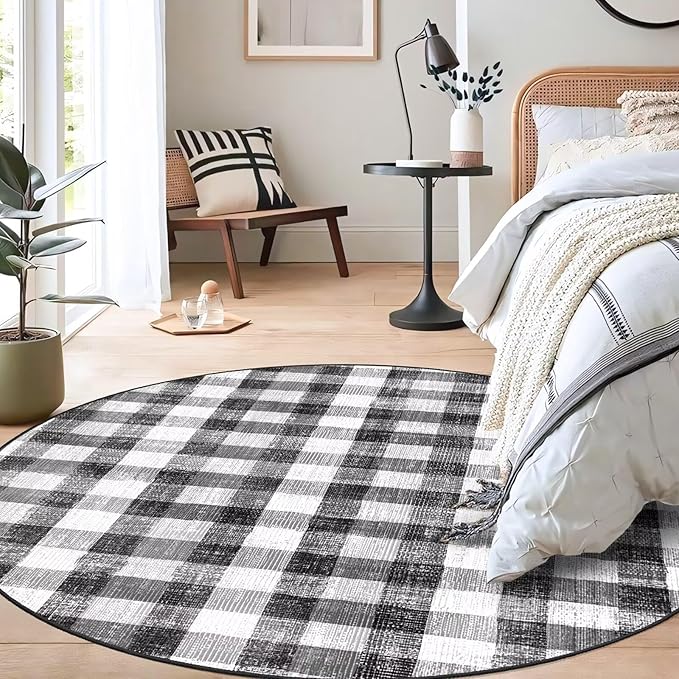 COLORPAPA Checkered Area Rug 6 Ft, Washable Round Rugs for Living Room, Modern Neutral Non Slip Indoor Carpet for Bedroom Office Patio Dining Room (Black and White)
