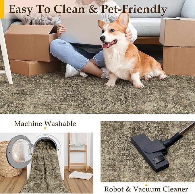 2x7 Washable Brown Runner Rug Vintage Hallway Kitchen Carpet Non-Slip Soft Low Pile Distressed Throw Rug for Bedroom Bathroom Laundry Living Room