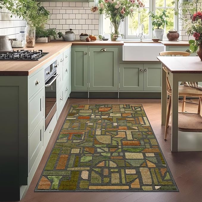 DEXDE Area Rug 3x5, Vintage Checkered Abstract Rugs for Living Room, Washable Modern Non Slip Soft Low Pile Indoor Floor Carpet for Bedroom Office Nursery Bedside Dining, Green