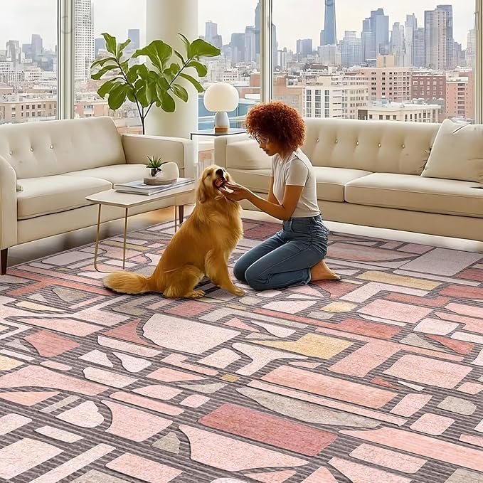 DEXDE 5x7 Area Rug, Vintage Checkered Abstract Rugs for Living Room, Non Slip Washable Large Low Pile Soft Modern Floor Carpet for Dining Room Bedroom Kitchen Office Nursery Playroom, Pink