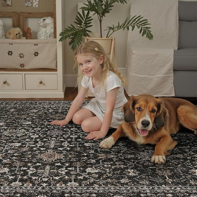 DCX Machine Washable Black Area Rug 5x7, Non Slip Stain Resistant Vintage Area Rug for Living Room Diningroom Bedroom Nursery, Soft Low Pile Large Carpet