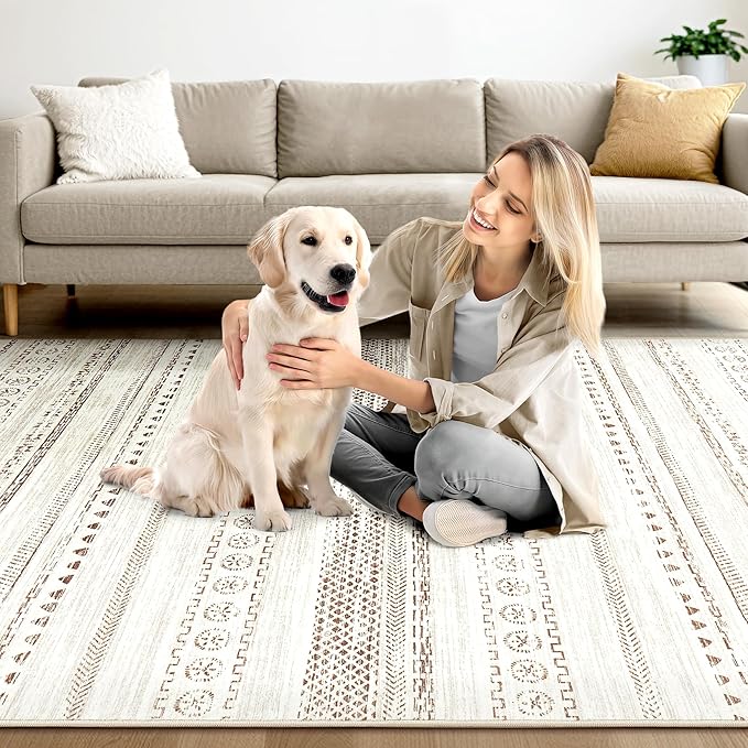 Area Rug Living Room Rugs - 10X12 Washable Boho Farmhouse Bohemian Neutral Large Moroccan Geometric Soft No Slip Indoor Thin Floor Carpet for Bedroom Under Dining Table Home Office - Brown