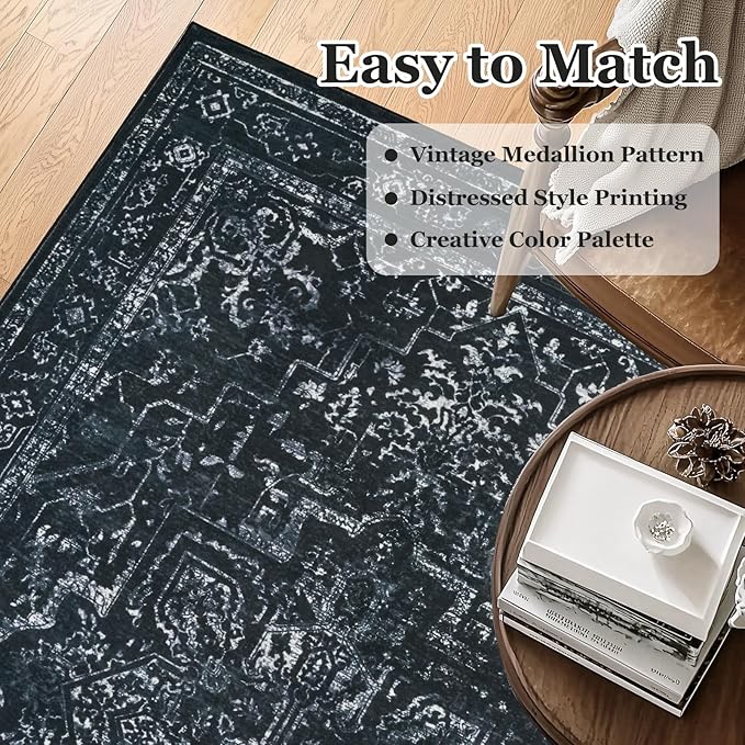 Dark Round Rugs 6ft, Low Pile Thin Circle Area Rugs for Bedroom Living Room Washable Non Slip, Vintage Medallion Distressed Round Carpet for Kitchen Dining Room, Black and White