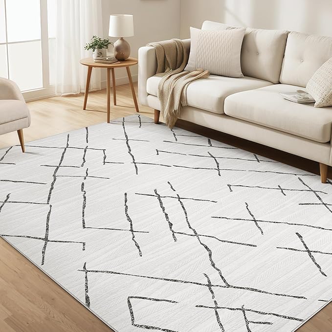 Area Rug Living Room Rugs - 5X7 Washable Boho Farmhouse Bohemian Neutral Large Moroccan Geometric Soft No Slip Indoor Thin Floor Carpet for Bedroom Under Dining Table Home Office - Light Grey