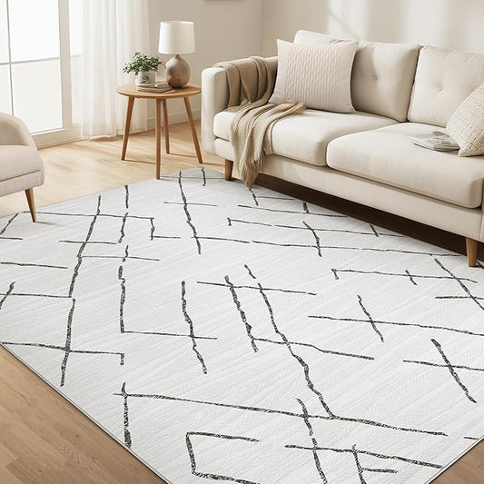 Area Rug Living Room Rugs - 6X9 Washable Boho Farmhouse Bohemian Neutral Large Moroccan Geometric Soft No Slip Indoor Thin Floor Carpet for Bedroom Under Dining Table Home Office - Light Grey