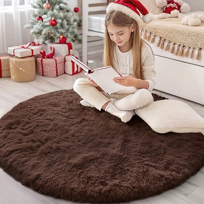 OLANLY Coffee Round Rugs for Bedroom - Machine Washable, 4 ft Circle Area Rugs for Living Room, Soft and Fluffy Shaggy Carpet for Teen Girls and Boys, Nursery Rooms, Dorms, Home Decor Aesthetic
