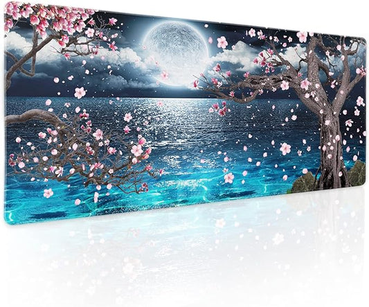 Pink Cherry Blossom Gaming Mouse Pad XL Sakura Tree Blue Ocean Moon Night Extended Big Large Desk Mat Non-Slip Rubber Base Stitched Edge Long Keyboard Mousepad for PC Computer Laptop,31.5×11.8 in