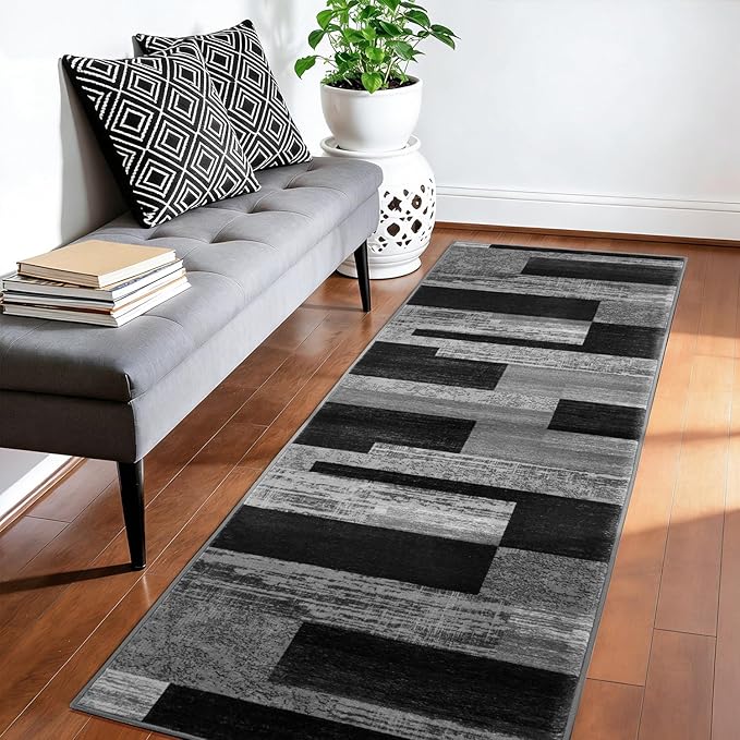 2x6 Washable Runner Rug for Hallway&Kitchen,Non-Slip Long Carpet with Vintage Checkered Design,Ultra-Thin Low Pile,Stain Resistant Easy Clean Floor Mat for High Traffic Areas(2x6,Gray)