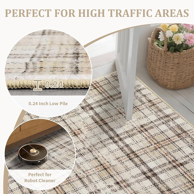 Washable Runner Rug 2x8 Modern Entryway Rug Tartan Plaid Non Slip Kitchen Rugs Farmhouse Bedroom Area Rug Hallway Runners Soft Bathroom Rugs Stain Resistant Carpet 2'x8' Green/Beige