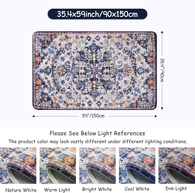 Lahome Bohemian Floral Medallion Area Rug - 3x5 Blue Soft Entryway Rug Washable Bedroom Mat, Cute Non Slip Indoor Office Carpet for Kitchen Mudroom Bathroom Coffee Table Hall Foyer