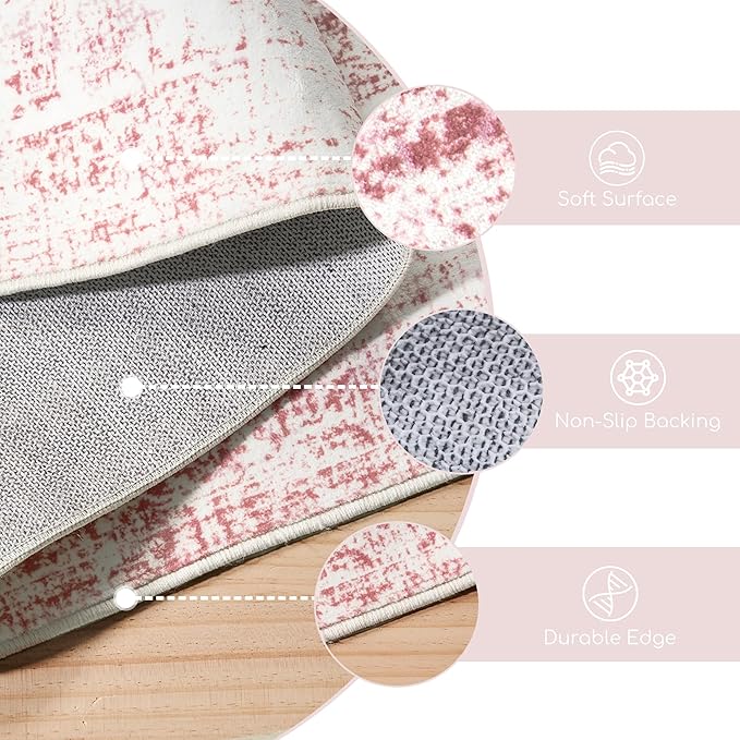 Area Rug - 6x9 Washable Pink Rug Honeycomb Non Slip Retro Rugs Soft Faux Wool Carpet Foldable & Machine Washable Rugs for Living Room Bedroom Dining Room Kitchen