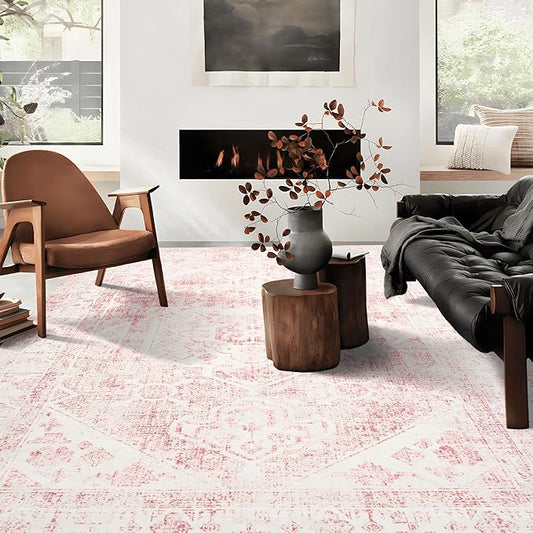 Area Rug - 8x10 Washable Pink Rug Honeycomb Non Slip Retro Rugs Soft Faux Wool Carpet Foldable & Machine Washable Rugs for Living Room Bedroom Dining Room Kitchen