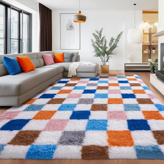 Checkered Rug 4x6 for Bedroom, Fluffy Plush Area Rug Non Slip, Modern Indoor Shag Rugs for Living Room Girls Kids Room Nursery Dorm Home Decor, Colorful Rainbow Carpet