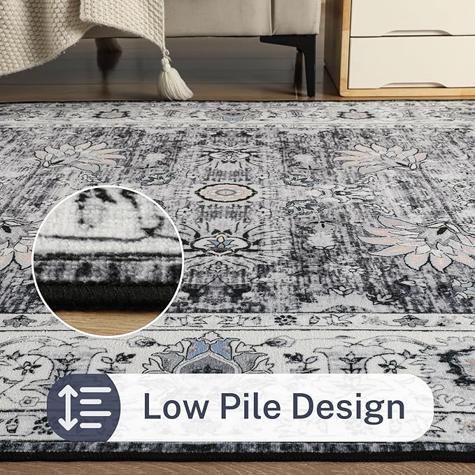 Area Rug 5x7 Washable Rug Grey Boho Rugs for Living Room Bedroom Playroom, Non Slip Low Pile Vintage Rug Floral Print Mat for Dining Room Home Office Christmas Rugs