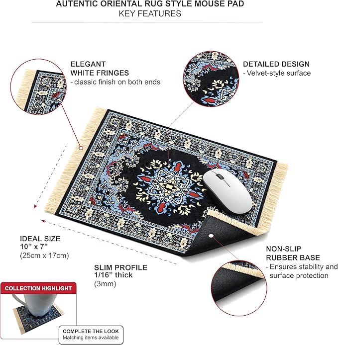 3-Piece Carpet-Style Desk Set – Navy Mouse Pad, Mini Rug Coaster & Bookmark, Colorful Elegant Office Accessories, Novelty Gift