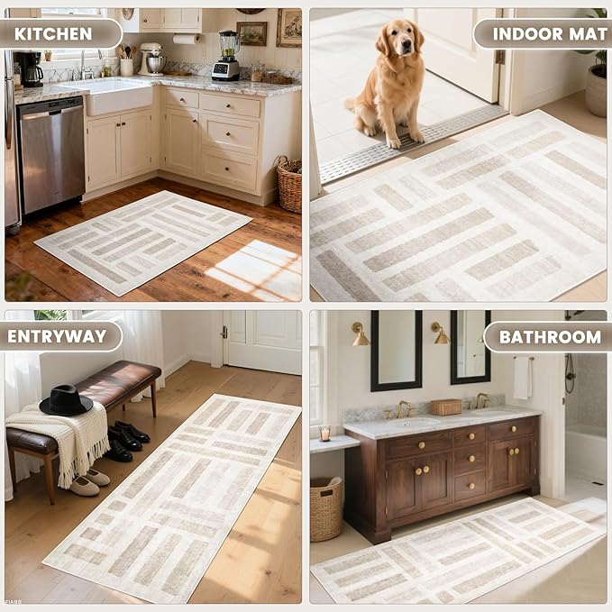 Washable Area Rugs, 8x10ft Soft Rug for Living Room and Bedroom Vintage Striped Rug Stain Resistant with Non Slip Backing Geometric Checkered Foldable Print Mat for Home Decor