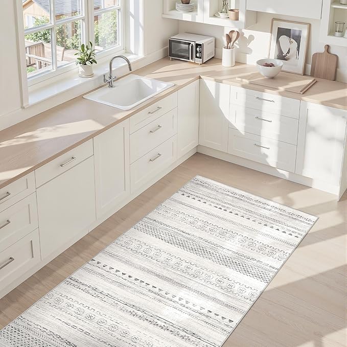 Area Rug Living Room Rugs - 3X8 Washable Boho Farmhouse Bohemian Neutral Large Moroccan Geometric Soft No Slip Indoor Thin Floor Carpet for Bedroom Under Dining Table Home Office - Grey