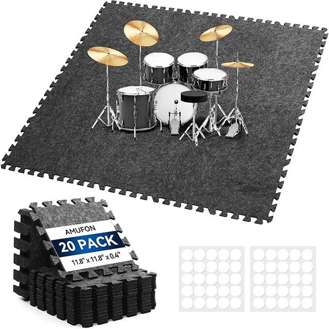 20 Pcs Sound Absorbing Interlocking Floor Mats Pads, 11" x 11" x 0.4"sound absorbing rug, Non-Slip Anti Vibration Sound Proof Puzzle Felt Padding, High Density Piano Carpet Drum Rug for Music Studio