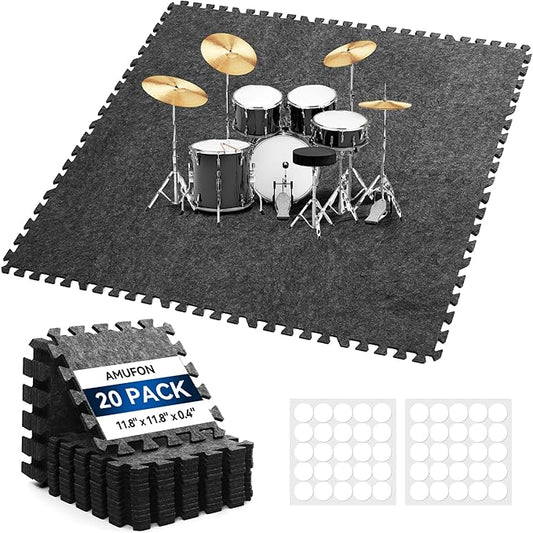 20 Pcs Sound Absorbing Interlocking Floor Mats Pads, 11" x 11" x 0.4"sound absorbing rug, Non-Slip Anti Vibration Sound Proof Puzzle Felt Padding, High Density Piano Carpet Drum Rug for Music Studio