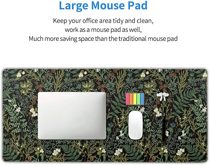 Black Aesthetic Vintage Botanical Gaming Mouse Pad Extended Cute Forest Green Plant Nature Floral Large Big Mousepad Non-Slip Stitched Edge Long Mat for Desk Office Computer,40x20 Inch,100x50 CM