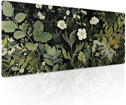 Green Leaves Mouse Pad XL Botanical Plants Beige Floral Extended Table Mat 80X30 cm Non-Slip Rubber Base Stitched Edge Large XL Mousepad for Desk Gaming Laptop Desk Top,31.5×11.8 Inch