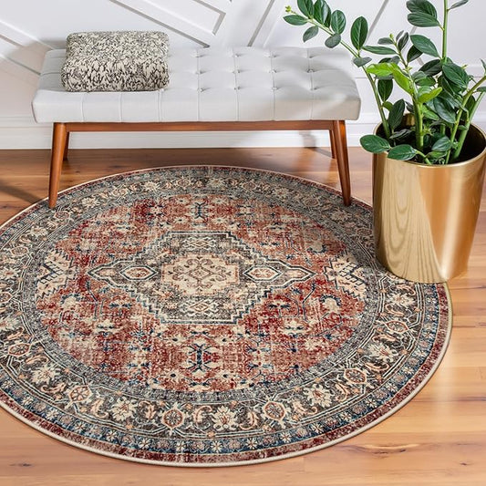 Lahome Oriental Washable Round Rugs, Non-Slip Round Rug 4ft Ultra-Thin, Vintage Soft Small Circle Carpet for Entryway Kitchen Bedroom Nursery Bathroom, Brick Red