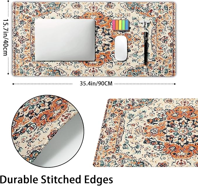 Vintage Rug Gaming Mouse Pad XXL Orange Teal Retro Carpet Aesthetic Extended Large Mat Bohemian Boho Mousepad Desk Pad Non-Slip Rubber Base Stitched Edge Flower Keyboard Pad for Computer,35.4x15.7 in