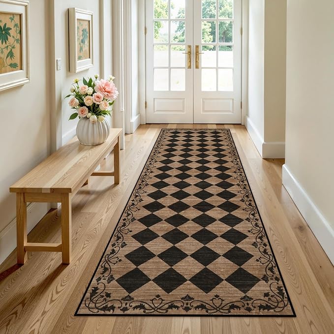Beeiva Checkered Hallway Runner Rug 2.5x8 Vintage Kitchen Runner Rugs Non Skid Washable 8ft, Stain Resistant Ultra Thin Entryway Decor Framhouse Fall Diamond Carpet for Bathroom Besides (Brown/Black)