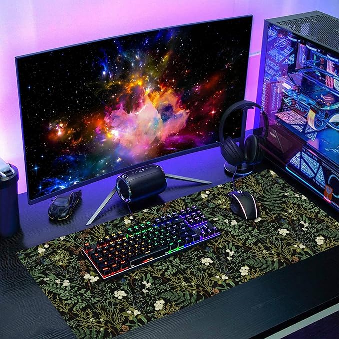 Black Aesthetic Vintage Botanical Gaming Mouse Pad XXL Cute Forest Green Plant Nature Floral Extended Large Mouse Pad Big Mousepad Non-Slip Stitched Edge Long Mat for Desk Office Computer,35.4x15.7 in