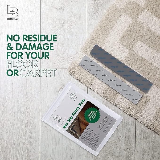 Ledgebay Rug Pad Grippers for Area Rugs Pack of 17 Reusable, No Skid, Washable, Anti-Slip Pads, Rug Gripper for Hardwood Floors and Tile with Double-Sided, Self Adhesive Rug Tape to Keep Rugs Flat