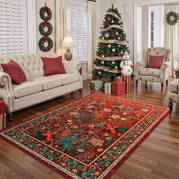 Anidaroel Christmas Area Rug 5x7, Botanical Floral Washable Xmas Rugs for Living Room Holiday Decor, Non-Slip Soft Modern Bedroom Rug, Low Pile Indoor Throw Carpet for Nursery, Home Office, Red