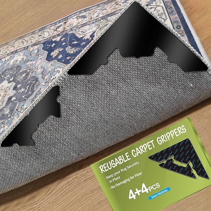 Large Non Slip Rug Pads 8 Pcs,Reusable Double Sided Carpet Tape for Hardwood Floors and Tiles,Extra Thick and Double Sided Adhesive to Secure Area Rugs,No Residue for Floor