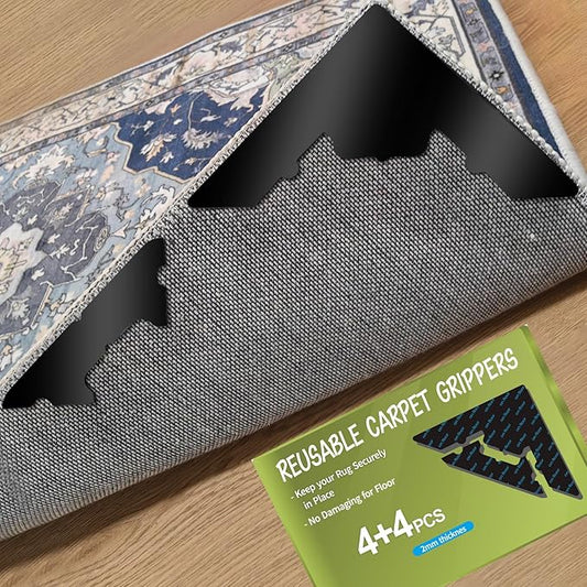 Large Non Slip Rug Pads 8 Pcs,Reusable Double Sided Carpet Tape for Hardwood Floors and Tiles,Extra Thick and Double Sided Adhesive to Secure Area Rugs,No Residue for Floor
