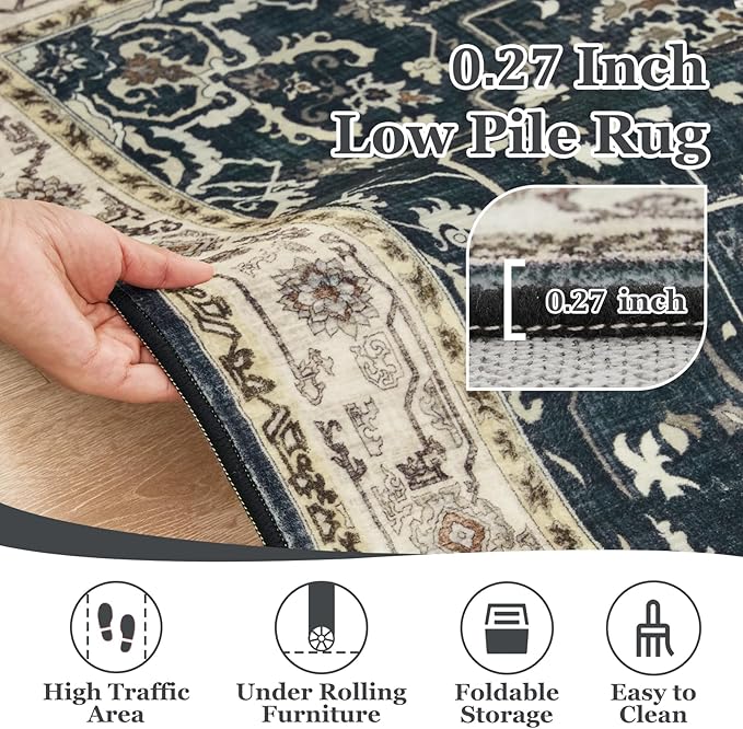 Dark Medallion Round Rugs 5ft, Non Slip Washable Thin Circle Rugs for Kitchen Dining Room, Traditional Medallion Printed Circle Carpet 5 feet for Bedroom Living Room, Midnight/Multi