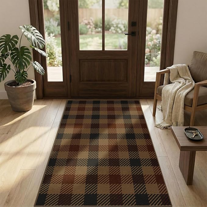 JTJ 3x5 Vintage Door Mats Outdoor Entrance - Easy Jute Fall Rugs Outdoor for Patio, Balcony, Kitchen, Mudroom, Washable Earthy Brown and Red Checkered Elegence Décor