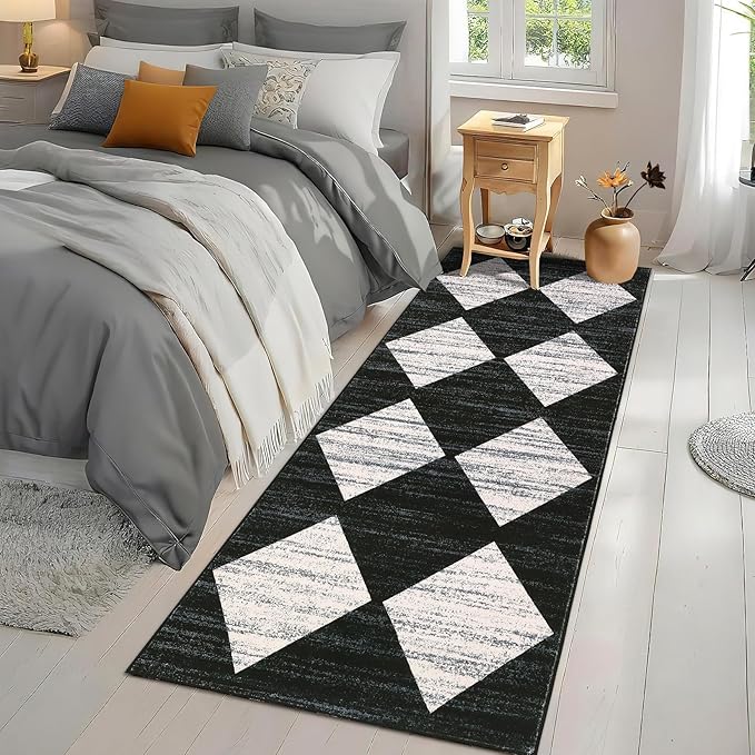 GarveeHome Kitchen Runner Rug Black Washable Rug for Front Door Entryway Hallway Distressed Checkered Mat Low Pile Neutral Area Rugs Non Slip Farmhouse Rugs 2x6
