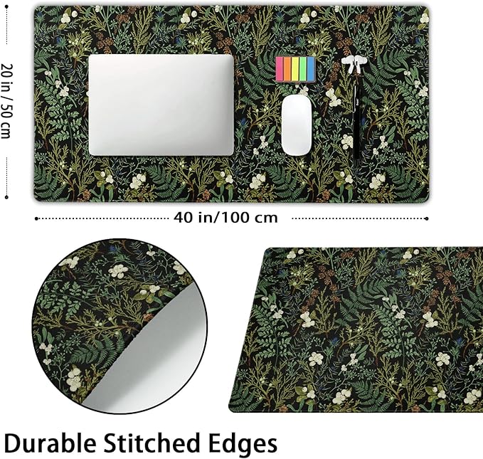 Black Aesthetic Vintage Botanical Gaming Mouse Pad Extended Cute Forest Green Plant Nature Floral Large Big Mousepad Non-Slip Stitched Edge Long Mat for Desk Office Computer,40x20 Inch,100x50 CM