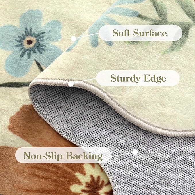 Lahome Floral Washable Round Rugs, Non-Slip Soft Round Rug 4ft Ultra-Thin, Small Boho Circle Carpet for Entryway Kitchen Bedroom Nursery Bathroom, Beige