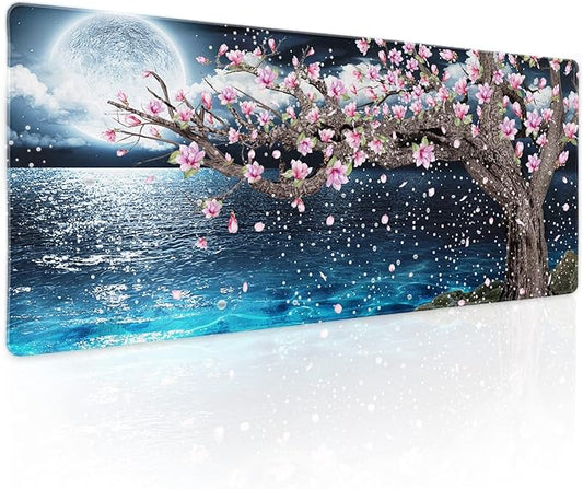 Japanese Pink Floral Gaming Mouse Pad XL Sakura Cherry Blossom Magnolia Tree Blue Ocean Moon Night Extended Big Large Desk Mat Non-Slip Rubber Base Stitched Edge Long Keyboard Mousepad 31.5×11.8 in