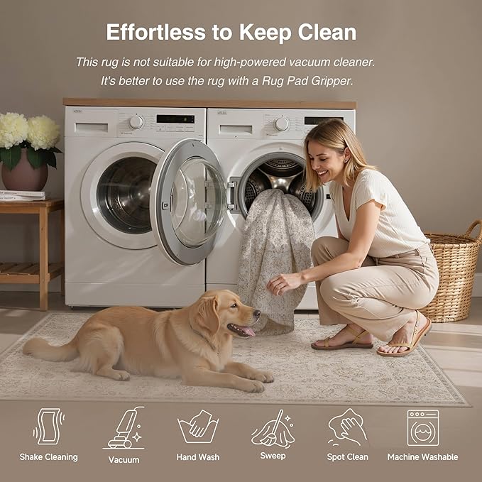 HUGEAR 5x7 Machine Washable Area Rugs Vintage Grey - Neutral Living Room Bedroom Rug Non Slip Stain Resistant Low Pile Aesthetic Throw Carpet Kids & Pet Friendly
