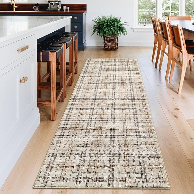 Washable Runner Rug 2x8 Modern Entryway Rug Tartan Plaid Non Slip Kitchen Rugs Farmhouse Bedroom Area Rug Hallway Runners Soft Bathroom Rugs Stain Resistant Carpet 2'x8' Green/Beige