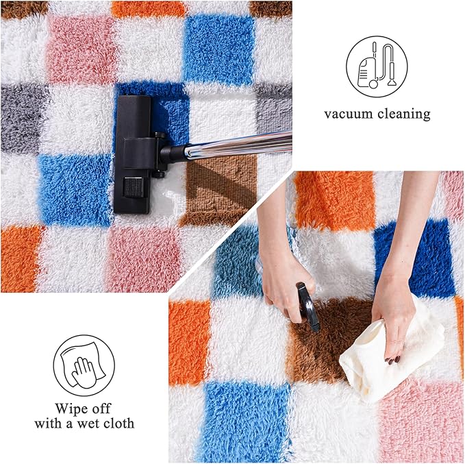 Checkered Rug 4x6 for Bedroom, Fluffy Plush Area Rug Non Slip, Modern Indoor Shag Rugs for Living Room Girls Kids Room Nursery Dorm Home Decor, Colorful Rainbow Carpet